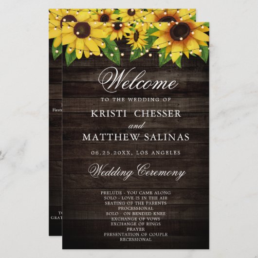 Kaart Sunflower Wood String Lights Wedding Program (Voorkant / Achterkant)