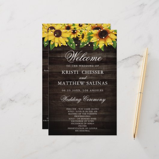 Kaart Sunflower Wood String Lights Wedding Program (Voorkant / Achterkant in situ)
