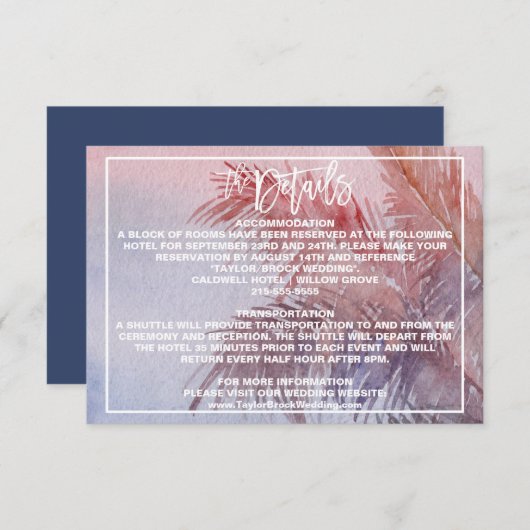 Kaart Tropical Sunset Wedding Details Enclosure (Voorkant / Achterkant)