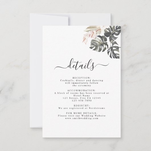 Kaart Tropische Floral Palm Bohemian Wedding Detai (Voorkant)