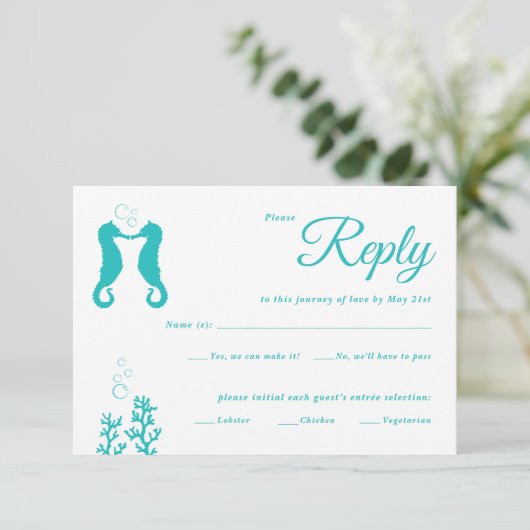 Kaart Turquoise Seapaarden Wedding Response (Staand voorkant)