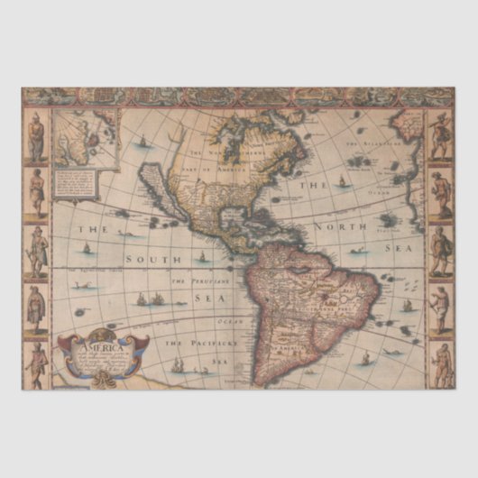  kaart uit de jaren 1700 van Amerika Shabby Chic D Tissuepapier (Voorkant)