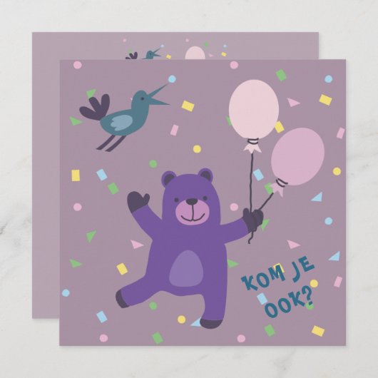  kaart uitnodiging beertje met ballon (Voorkant / Achterkant)