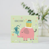 kaart uitnodiging feestje olifantje poes en taart (Staand voorkant)