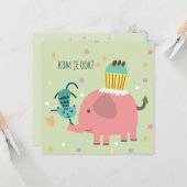 kaart uitnodiging feestje olifantje poes en taart (Voorkant / Achterkant in situ)