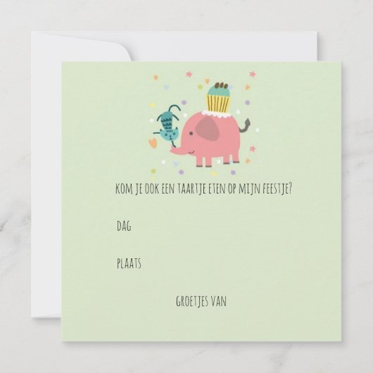 kaart uitnodiging feestje olifantje poes en taart (Achterkant)