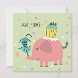 kaart uitnodiging feestje olifantje poes en taart