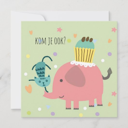 kaart uitnodiging feestje olifantje poes en taart (Voorkant)