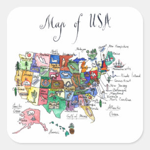 Kaart van Aantrekkingen van de Verenigde Staten va Vierkante Sticker