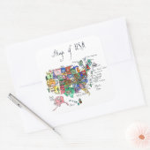 Kaart van Aantrekkingen van de Verenigde Staten va Vierkante Sticker (Envelop)