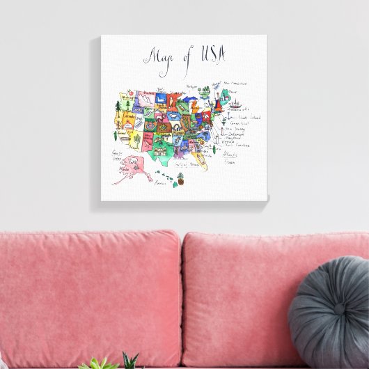 Kaart van Aantrekkingen Verenigde Staten van Ameri Canvas Afdruk (Insitu (Woonkamer))