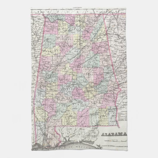  kaart van Alabama (1855) Theedoek (Verticaal)