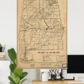  kaart van Alabama (1866) Poster (Thuiskantoor)