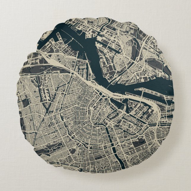  kaart van Amsterdam: Retro Minimalist Rond Kussen (Voorkant)