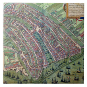 Kaart van Amsterdam, van "Civitates Orbis Terrarum Tegeltje