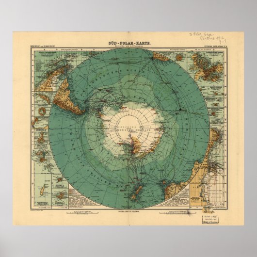 Kaart van Antarctica vanaf 1912 (Süd-Polar-Karte) Poster (Voorkant)