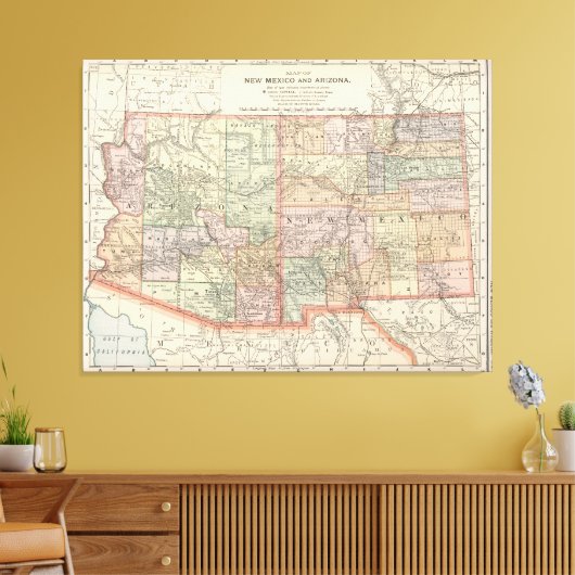  kaart van Arizona en New Mexico (1891) Canvas Afdruk (Insitu (Woonkamer))