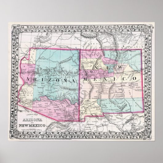  kaart van Arizona en New Mexico Poster (Voorkant)