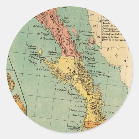 kaart van Baja California (1899) Ronde Sticker (Voorkant)