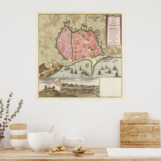  kaart van Barcelona Spanje (1706) Poster (Keuken)
