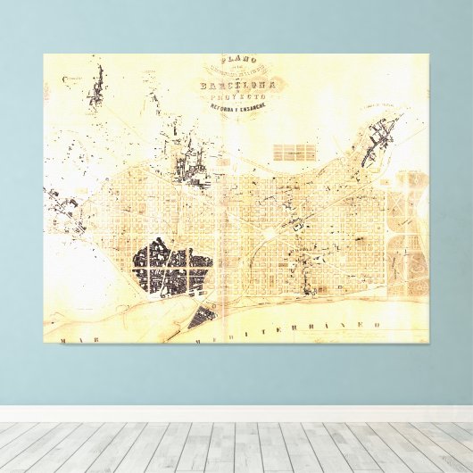  kaart van Barcelona Spanje (1859) Canvas Afdruk (Insitu (Houten vloer))
