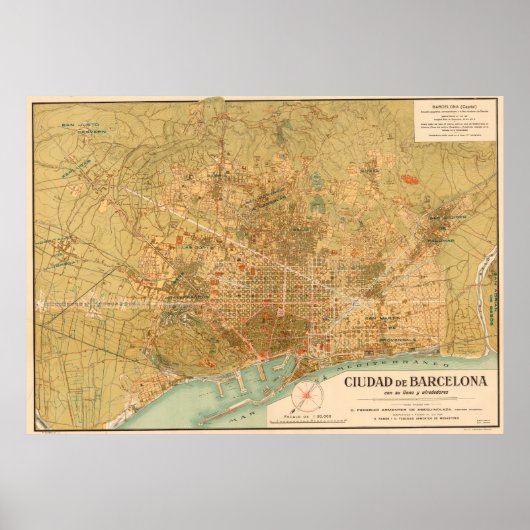  kaart van Barcelona Spanje (1919) Poster (Voorkant)