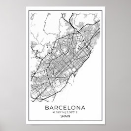 Kaart van BARCELONA - zwarte en witte kaart Poster