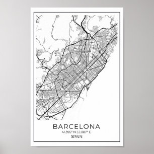 Kaart van BARCELONA - zwarte en witte kaart Poster