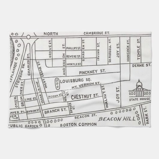 Kaart van Beacon Hill in Boston Theedoek (Horizontaal)