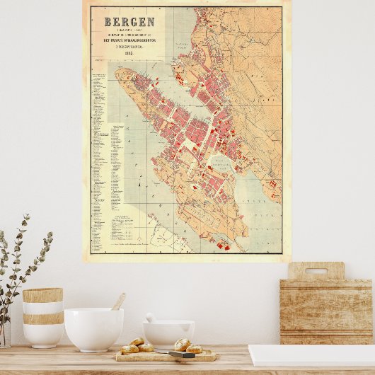  kaart van Bergen Noorwegen (1885) Poster (Keuken)