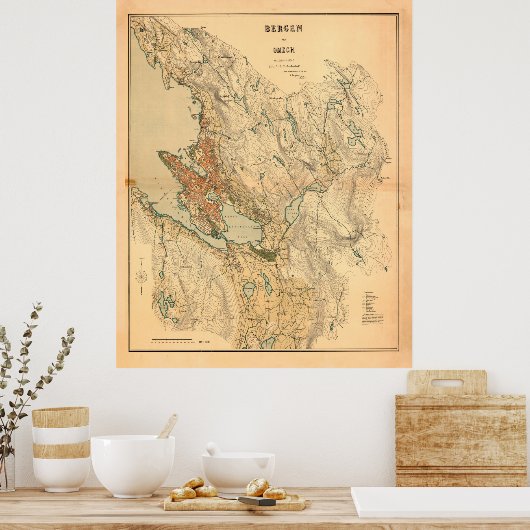  kaart van Bergen Noorwegen (1907) Poster (Keuken)
