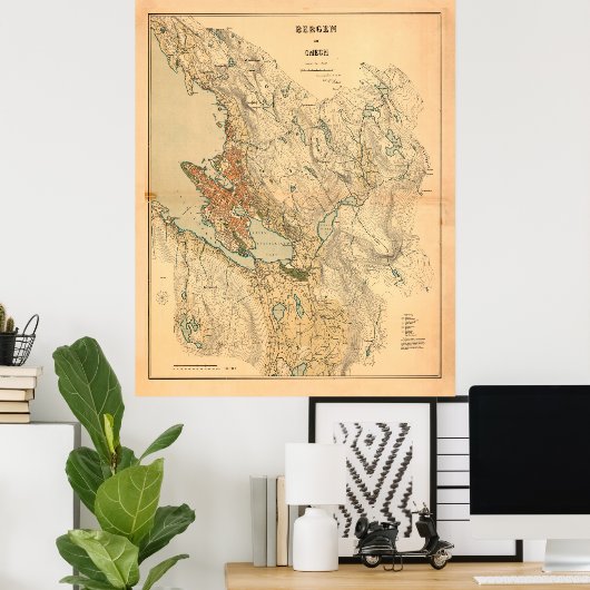  kaart van Bergen Noorwegen (1907) Poster (Thuiskantoor)