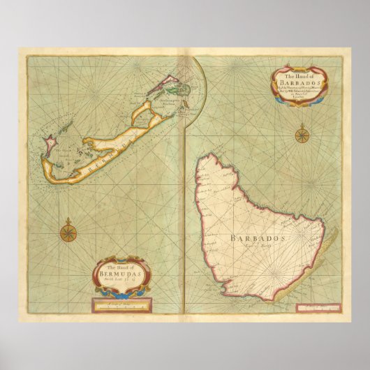  kaart van Bermuda en Barbados (1707) Poster (Voorkant)