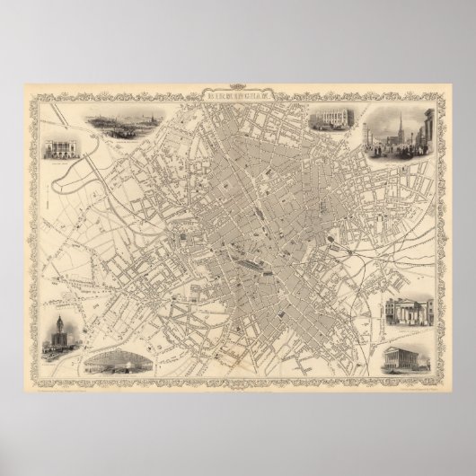 kaart van Birmingham England (1851) Poster (Voorkant)