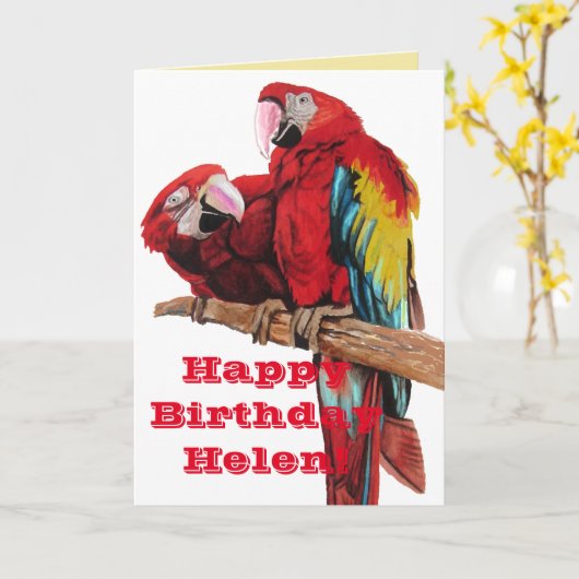 Kaart van Birthday Waterverf Bright Red Macaw Parr (Gele Bloem)