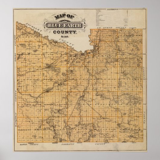 Kaart van Blue Earth County, Minnesota Poster (Voorkant)
