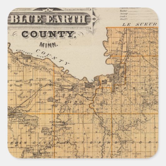 Kaart van Blue Earth County, Minnesota Vierkante Sticker (Voorkant)