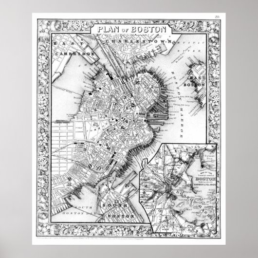 kaart van Boston (1864) BW Poster (Voorkant)