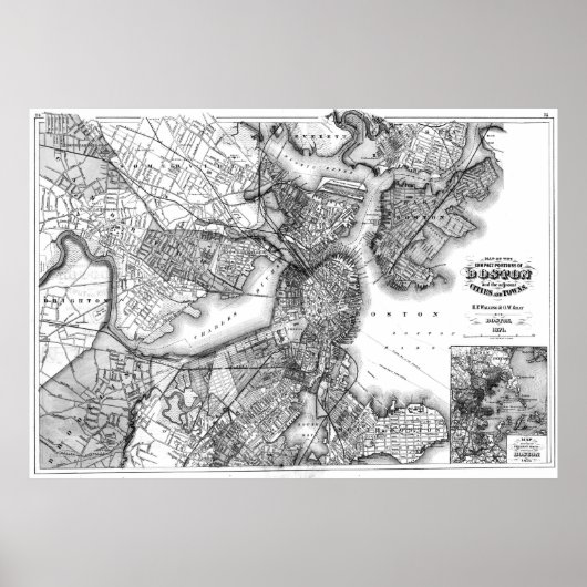  kaart van Boston Massachusetts (1871) BW Poster (Voorkant)