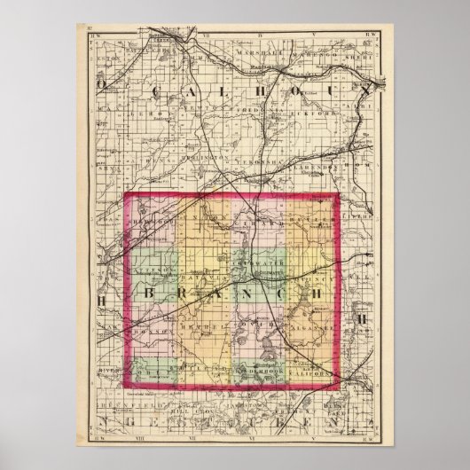 Kaart van Branch County, Michigan Poster (Voorkant)