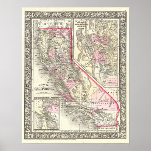 Kaart van Californië, 1866 Poster