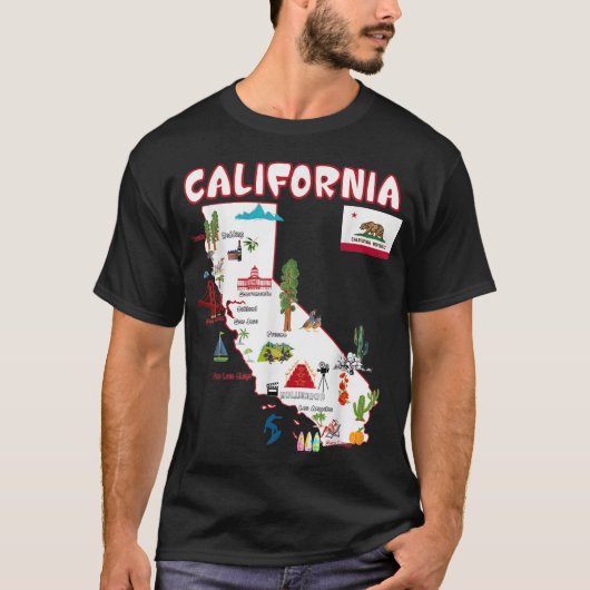 Kaart van Californische Landmarks, grote steden, v T-shirt (Voorkant)