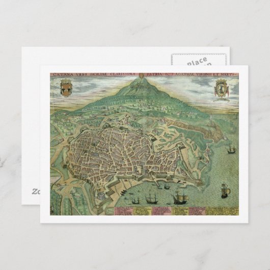 Kaart van Catania, van "Civitates Orbis Terrarum"  (Voorkant / Achterkant)