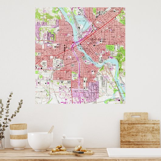  kaart van Cedar Rapids Iowa (1967) Poster (Keuken)