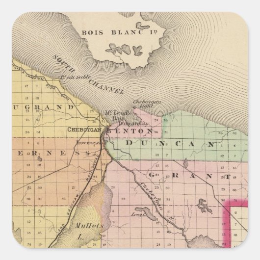 Kaart van Cheboygan County, Michigan Vierkante Sticker (Voorkant)