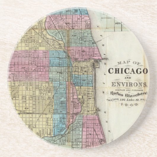  kaart van Chicago (1869) Zandsteen Onderzetter (Voorkant)