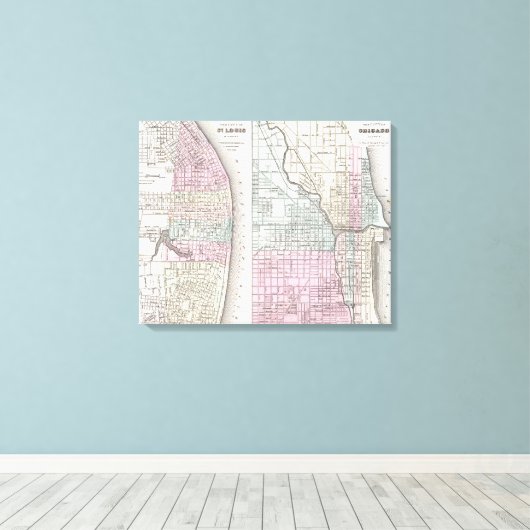  kaart van Chicago en St. Louis (1855) Canvas Afdruk (Insitu (Houten vloer))