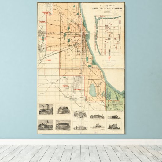 kaart van Chicago Illinois (1889) Canvas Afdruk (Insitu (Houten vloer))