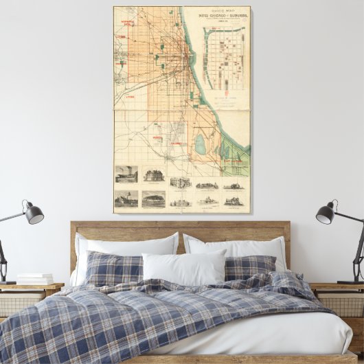 kaart van Chicago Illinois (1889) Canvas Afdruk (Insitu (Slaapkamer))