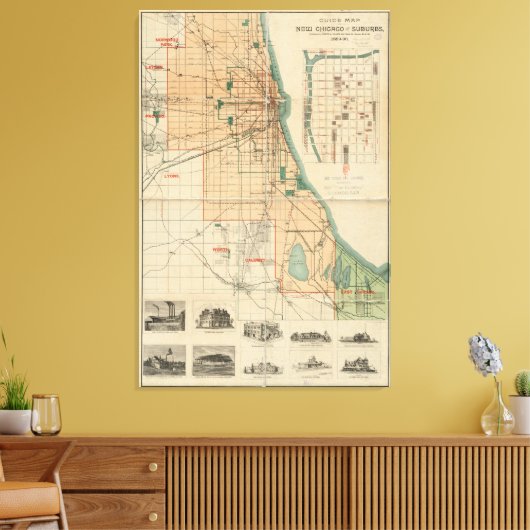 kaart van Chicago Illinois (1889) Canvas Afdruk (Insitu (Woonkamer))